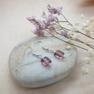 silver plated earrings with rectangle shaped light purple glass beads