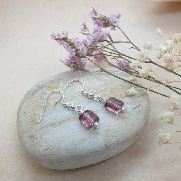 silver plated earrings with rectangle shaped light purple glass beads