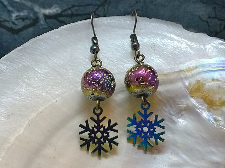 Rainbow Snowflake And Lava Stone Earrings