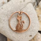 Cat pendant upcycled from 1967 bronze penny coin