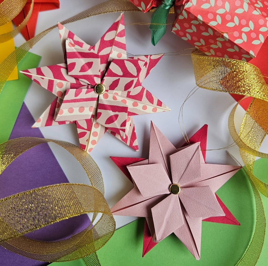 Two Origami Christmas Stars: Hanging Decoration (Raspberry red and dusky pink)