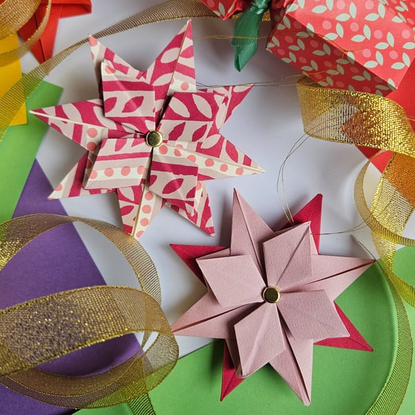 Two Origami Christmas Stars: Hanging Decoration (Raspberry red and dusky pink)