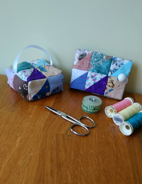 Sewing Needle case and pin cushion in matching patchwork, gift for crafter. 