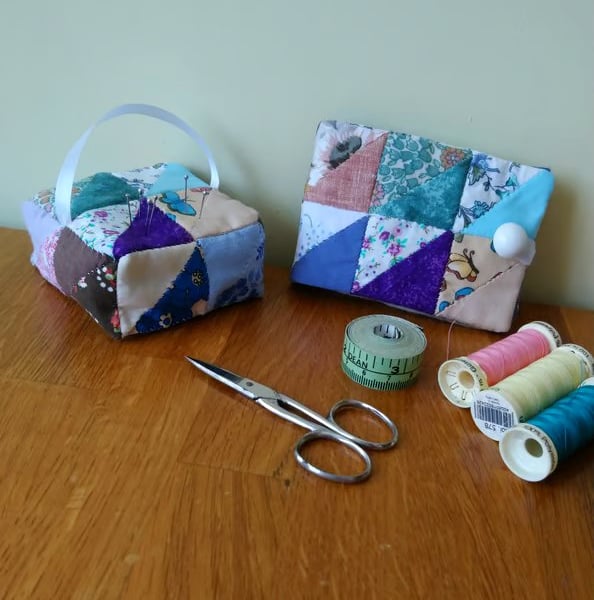 Sewing Needle case and pin cushion in matching patchwork, gift for crafter. 