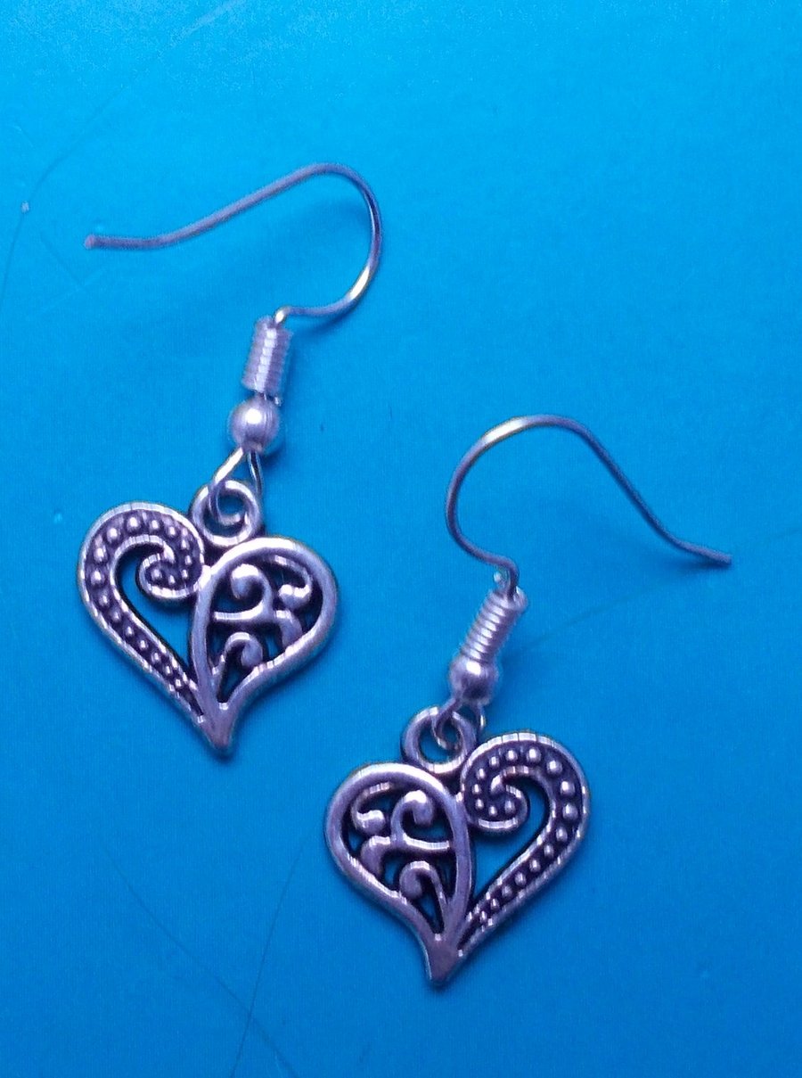 Silver Filigree Heart Drop Earrings in Tibetan Silver 
