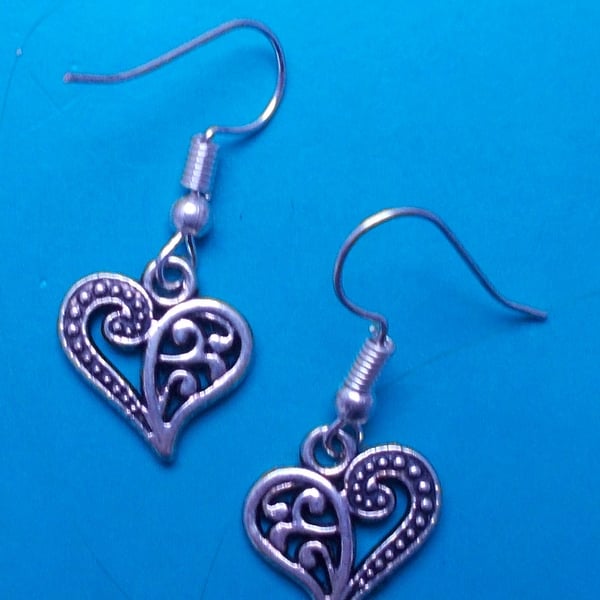 Silver Filigree Heart Drop Earrings in Tibetan Silver 