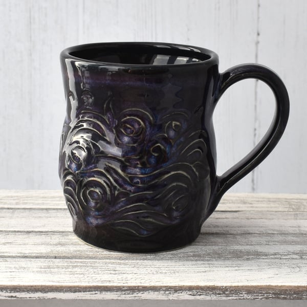 18-58 Black Carved Ceramic Stoneware Mug (UK postage included)