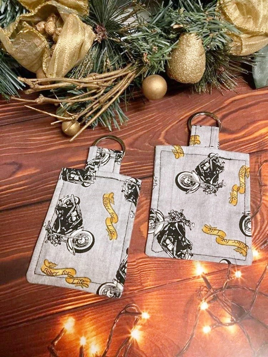 Pair Grey motorcycle keyrings, motorbike keyfob, biker luggage tag