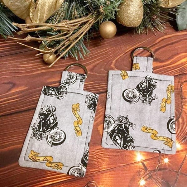 Pair Grey motorcycle keyrings, motorbike keyfob, biker luggage tag