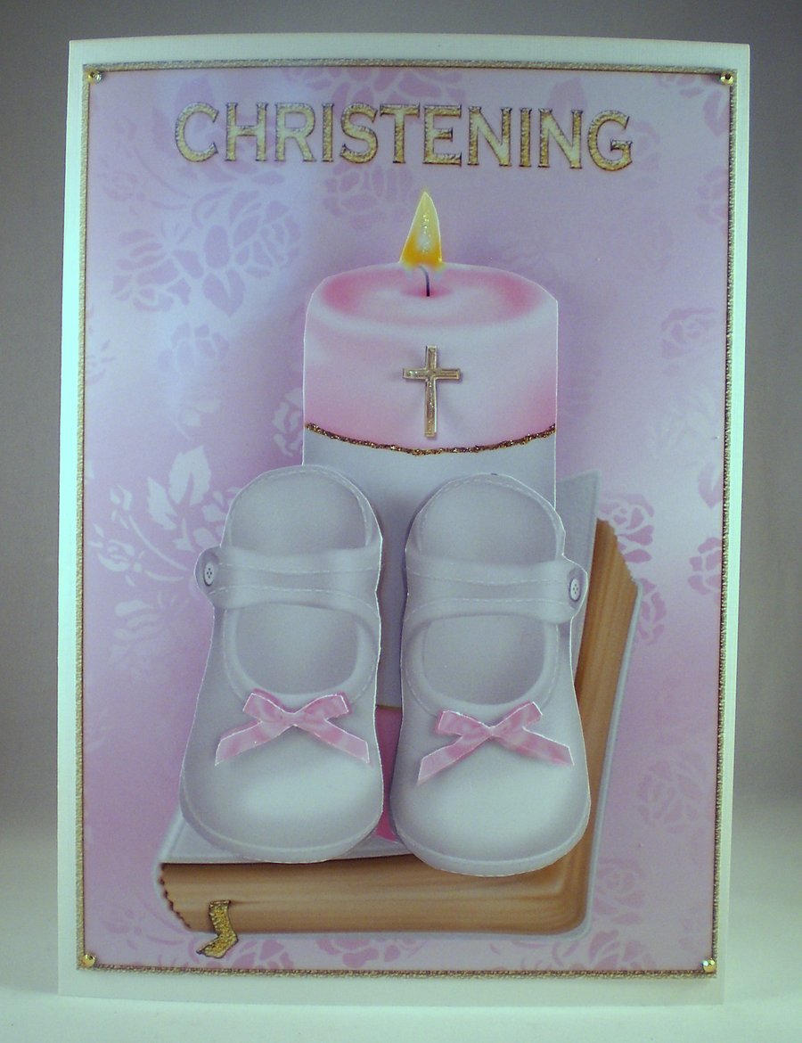 Handmade,3D,Decoupage Christening Card For Girl, Shoes,Candle and Bible