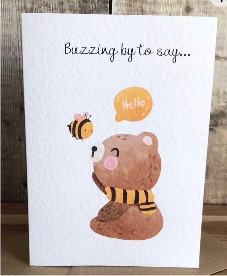 Buzzing by to say hello card bear with bee blank inside