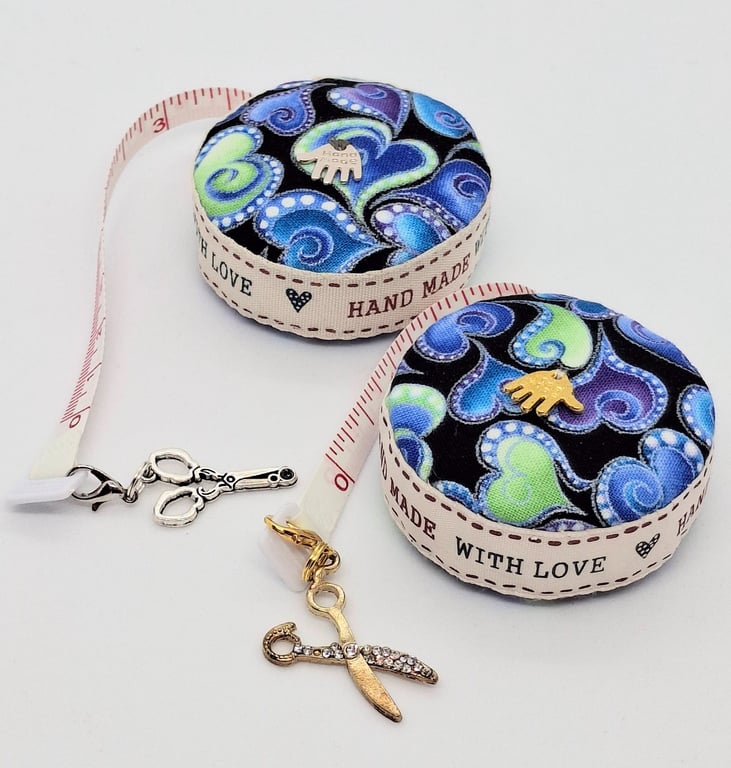 Blue and silver hearts retractable tape measure 404M