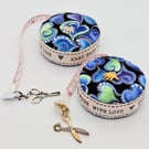Blue and silver hearts retractable tape measure 404M