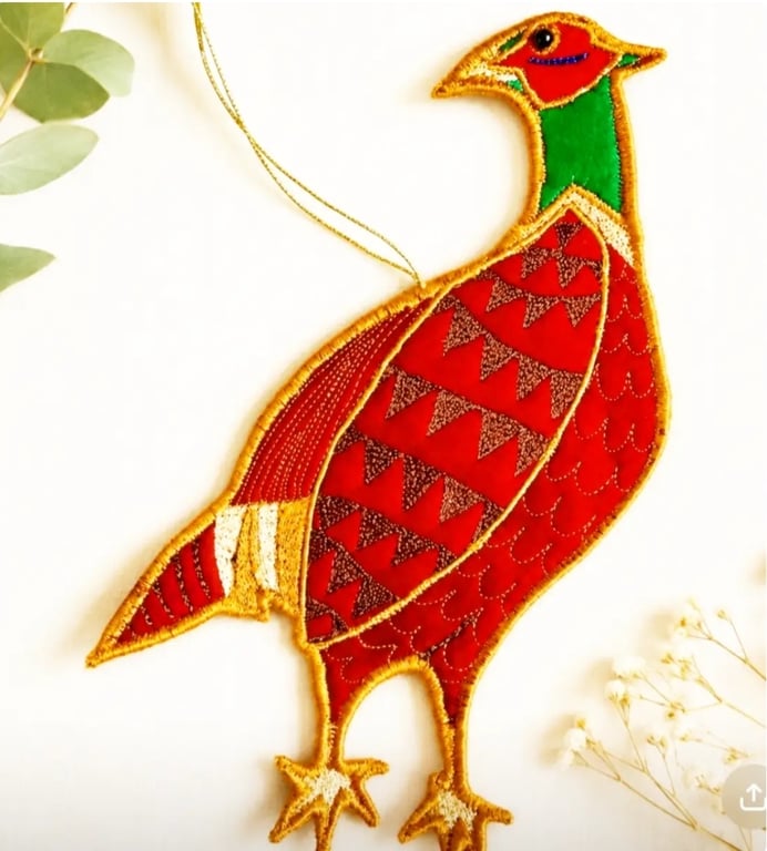 Handmade Fabric Pheasant Decoration – Free Machine Embroidered Textile Bird