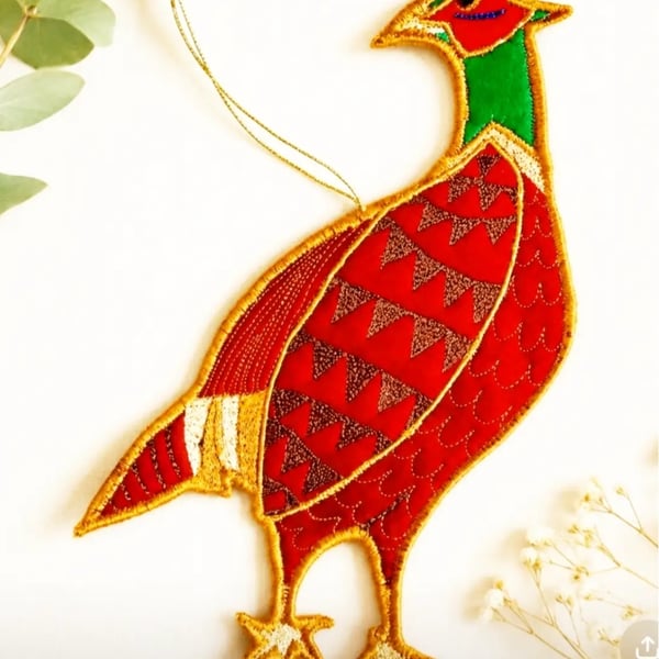 Handmade Fabric Pheasant Decoration – Free Machine Embroidered Textile Bird