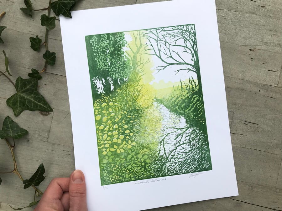 Riverbank Reflections: Hand printed lino cut by Suffolk artist Beth Knight.