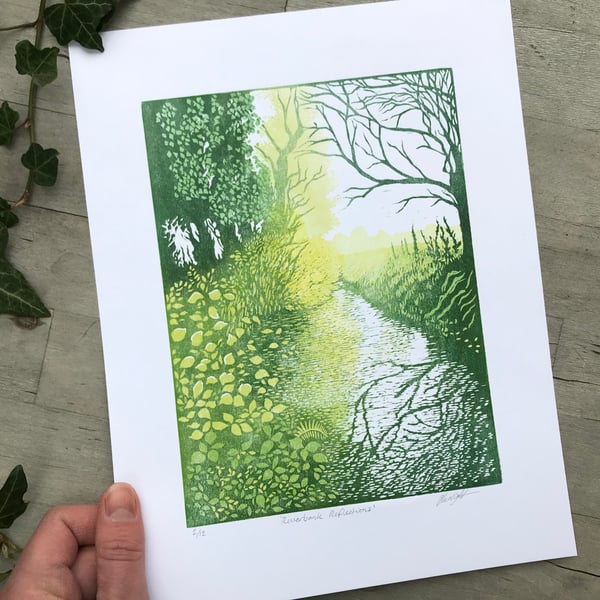 Riverbank Reflections: Hand printed lino cut by Suffolk artist Beth Knight.