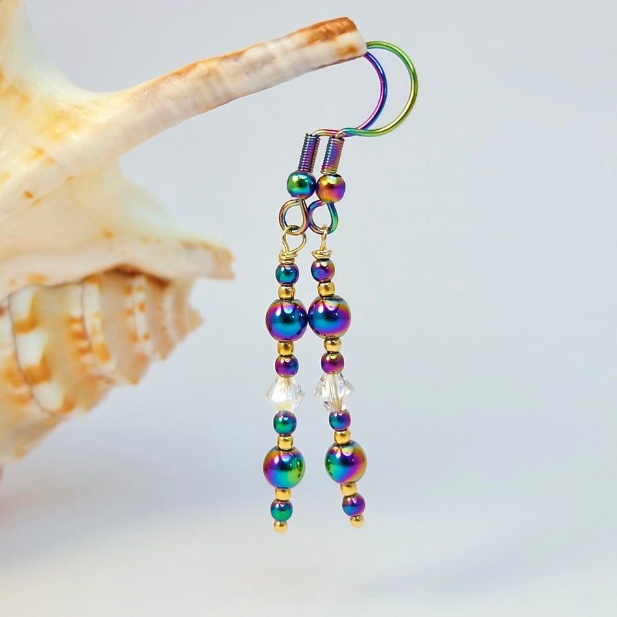 Rainbow Hematite & Crystal Earrings, Sparkly Birthday, Anniversary, Gift For Her
