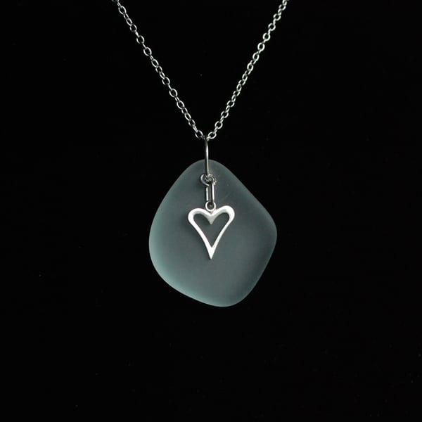 Aquamarine beach glass pendant with heart charm