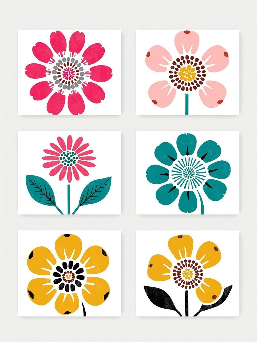 Pack of 6 - Floral - Retro Flower - A6 White Linen Note Card & Envelope Set