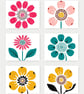 Pack of 6 - Floral - Retro Flower - A6 White Linen Note Card & Envelope Set