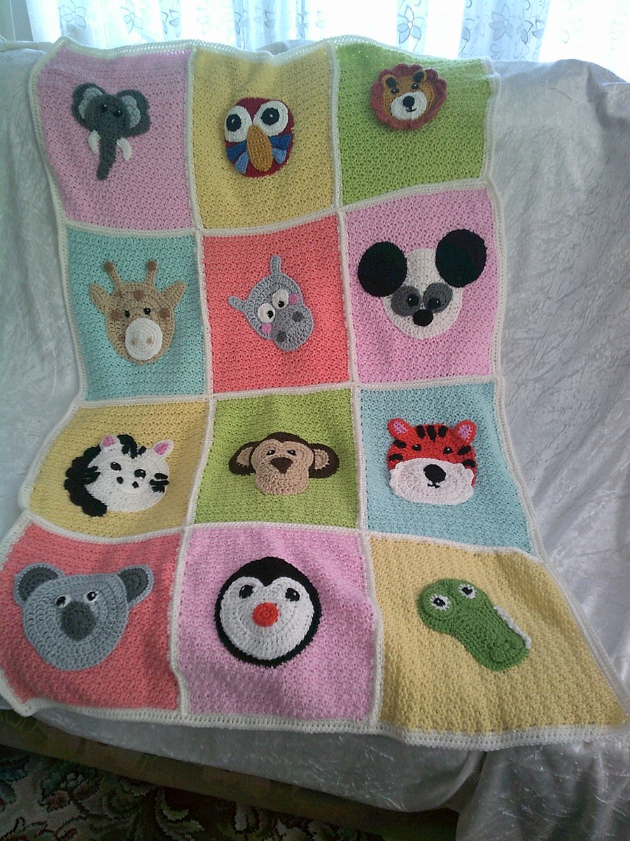 Brightly Colour Crocheted Blanket with Animals