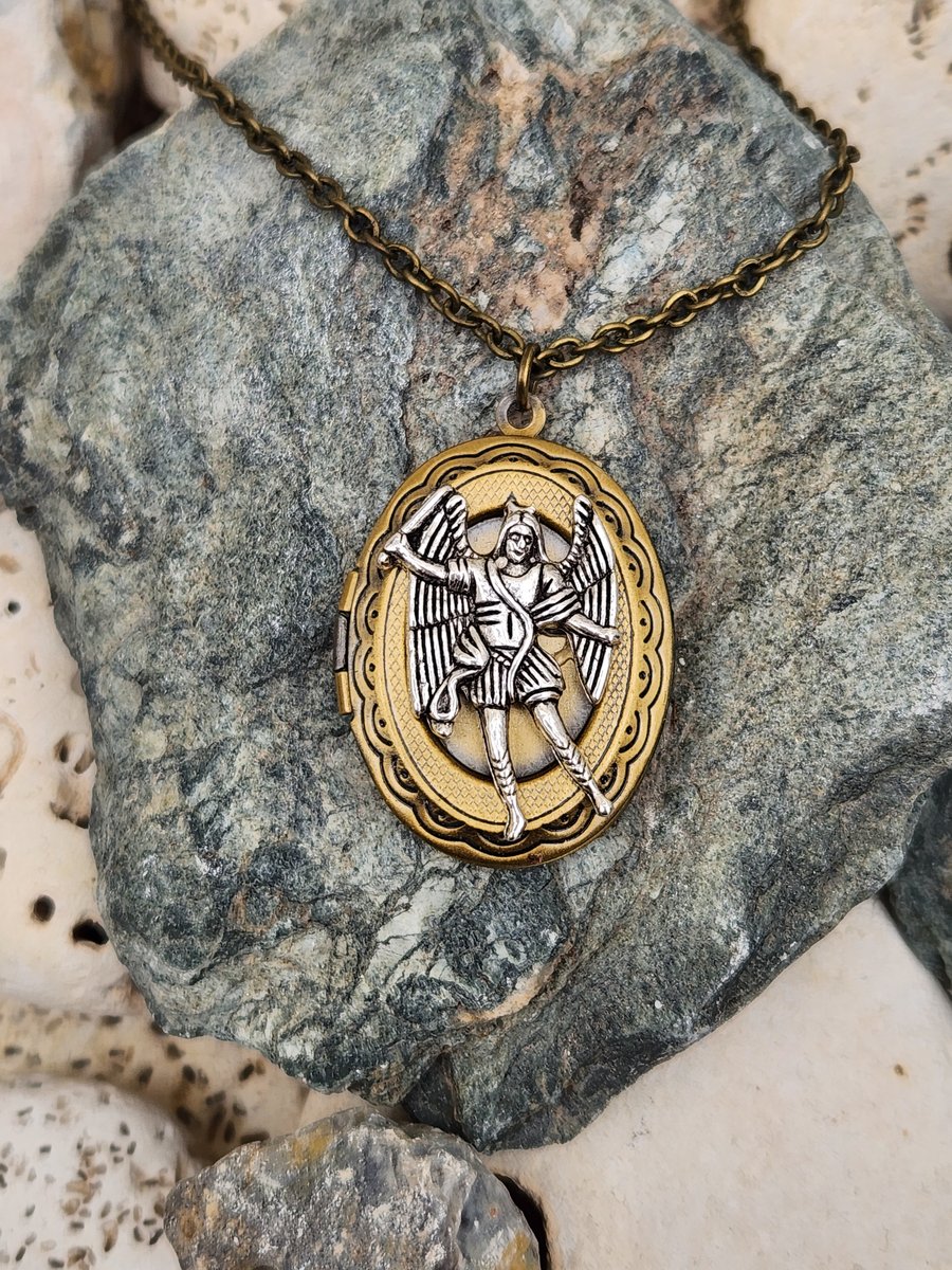 Archangel Saint Michael bronze locket necklace pendant angel prayer necklace on 