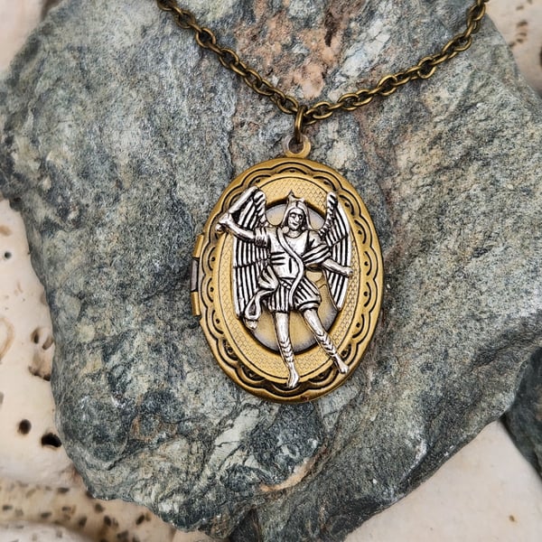 Archangel Saint Michael bronze locket necklace pendant angel prayer necklace on 