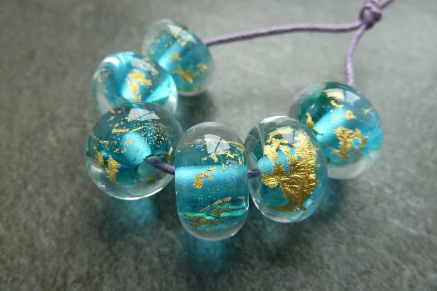 blue and gold leaf lampwork glass beads