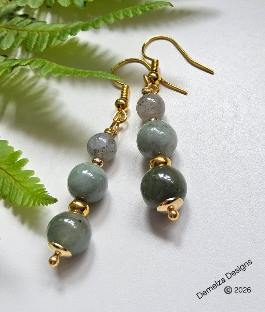 Jade, Jadeite & Moonstone Gold Plate Copper Dangle Earrings 