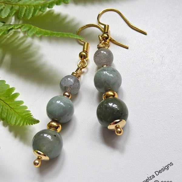 Jade, Jadeite & Moonstone Gold Plate Copper Dangle Earrings 