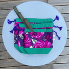 Drawstring project bag for knitting, crochet or embroidery - pinky purply roses