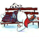 snowman on bench with bottle sticker