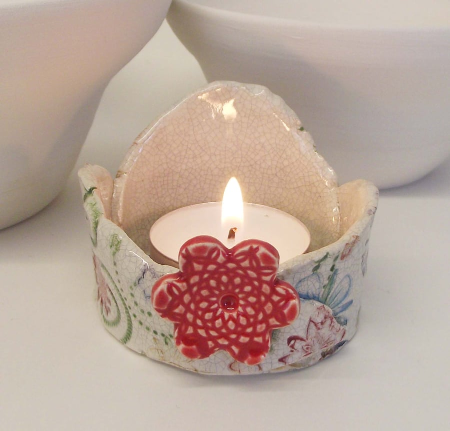 Small Spring flowers ceramic candle holder