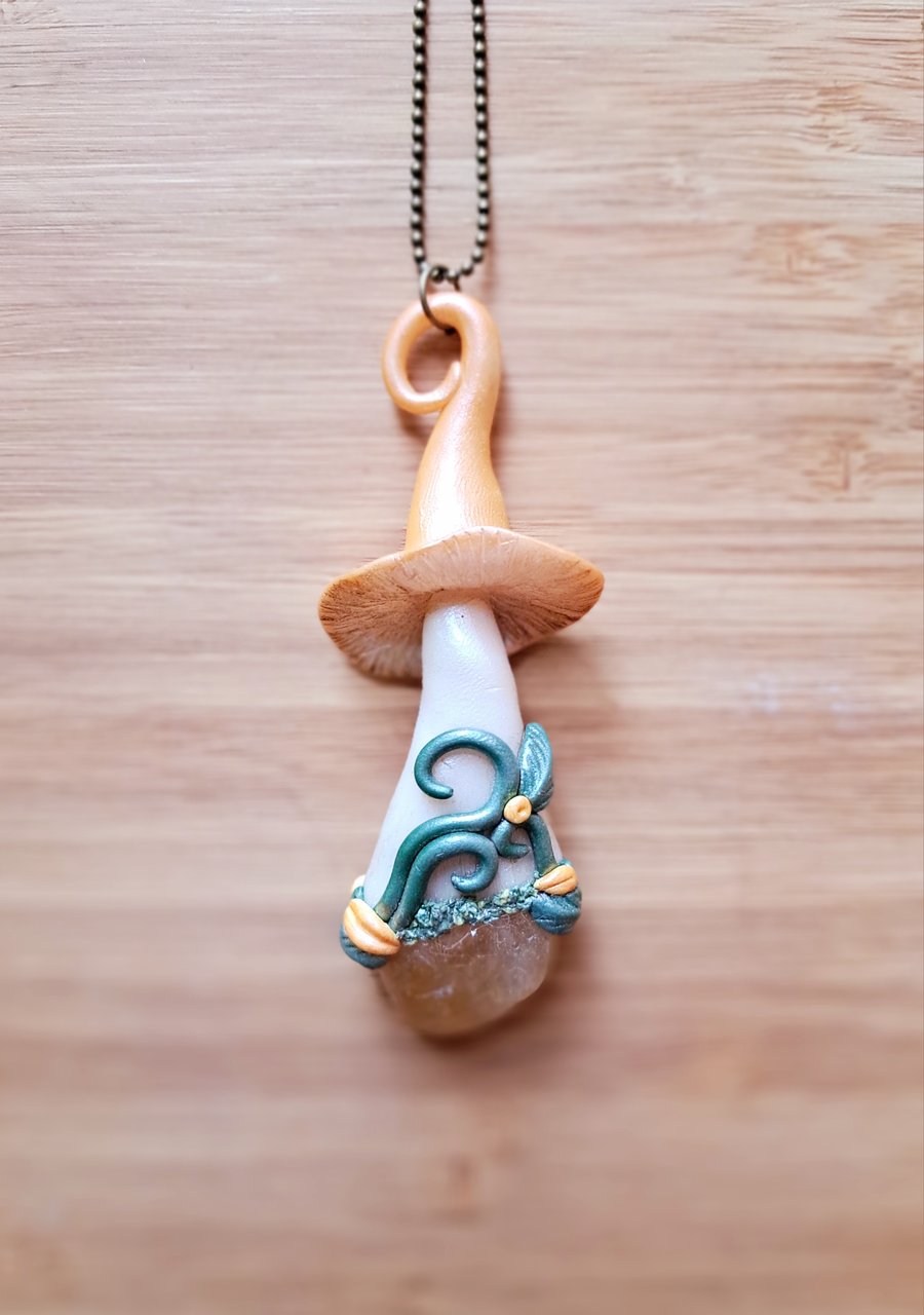 Citrine Crystal and Polymer Clay Mushroom Amulet Pendant