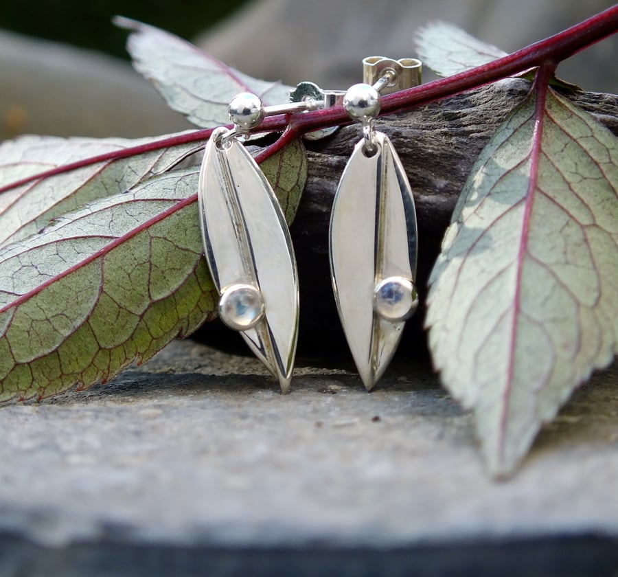 Silver dangle earrings, silver leaf moonstone earrings