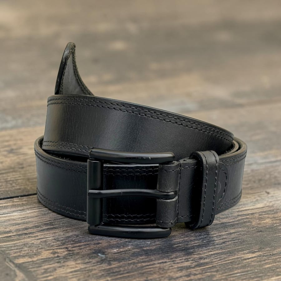 Black leather belt double stitched with matte black buckle 1.5 inch
