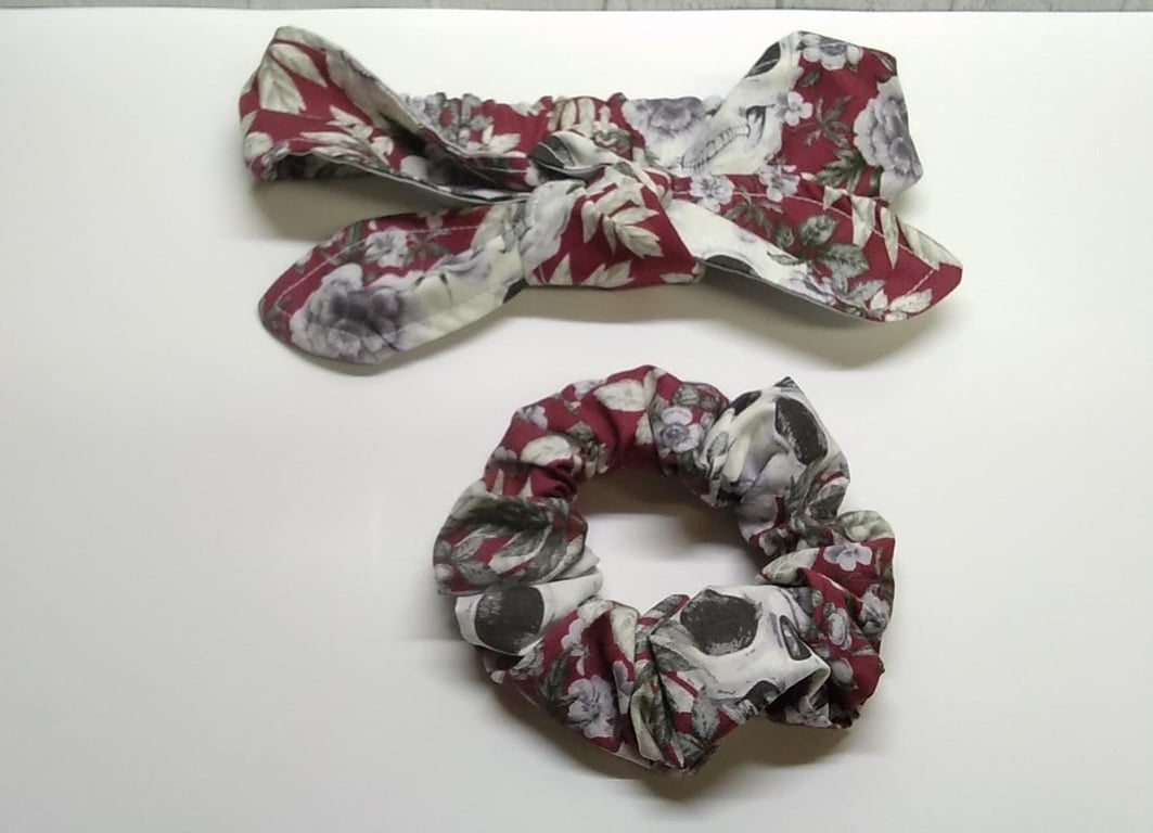 Gothic skulls headband, goth skull print red cotton scrunchie