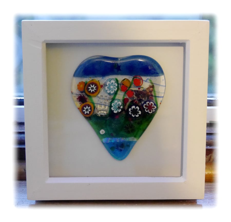 Flower Garden Heart in Box Frame Fused Glass Picture 006 silver house