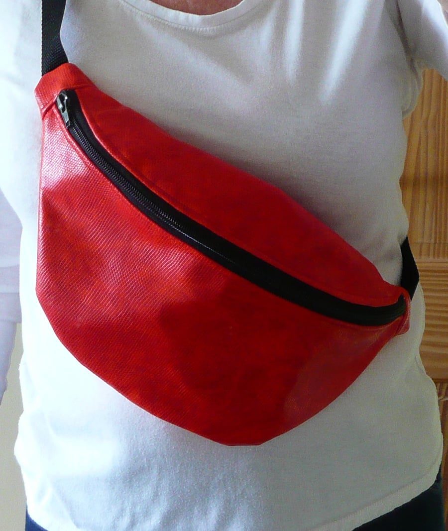 Bum bag, crossbody bag, red vinyl shoulder bag, festival bag, stallholder bag