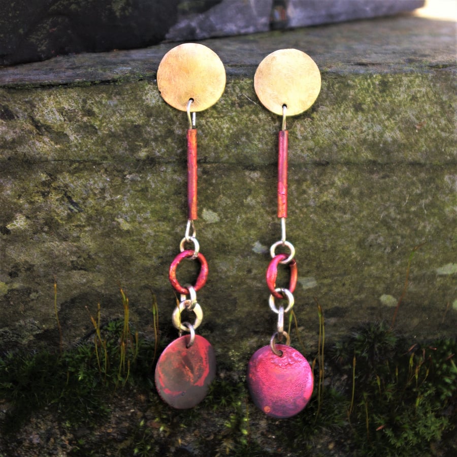  Golden Brass and Red Copper Long  Dangle Stud Earrings