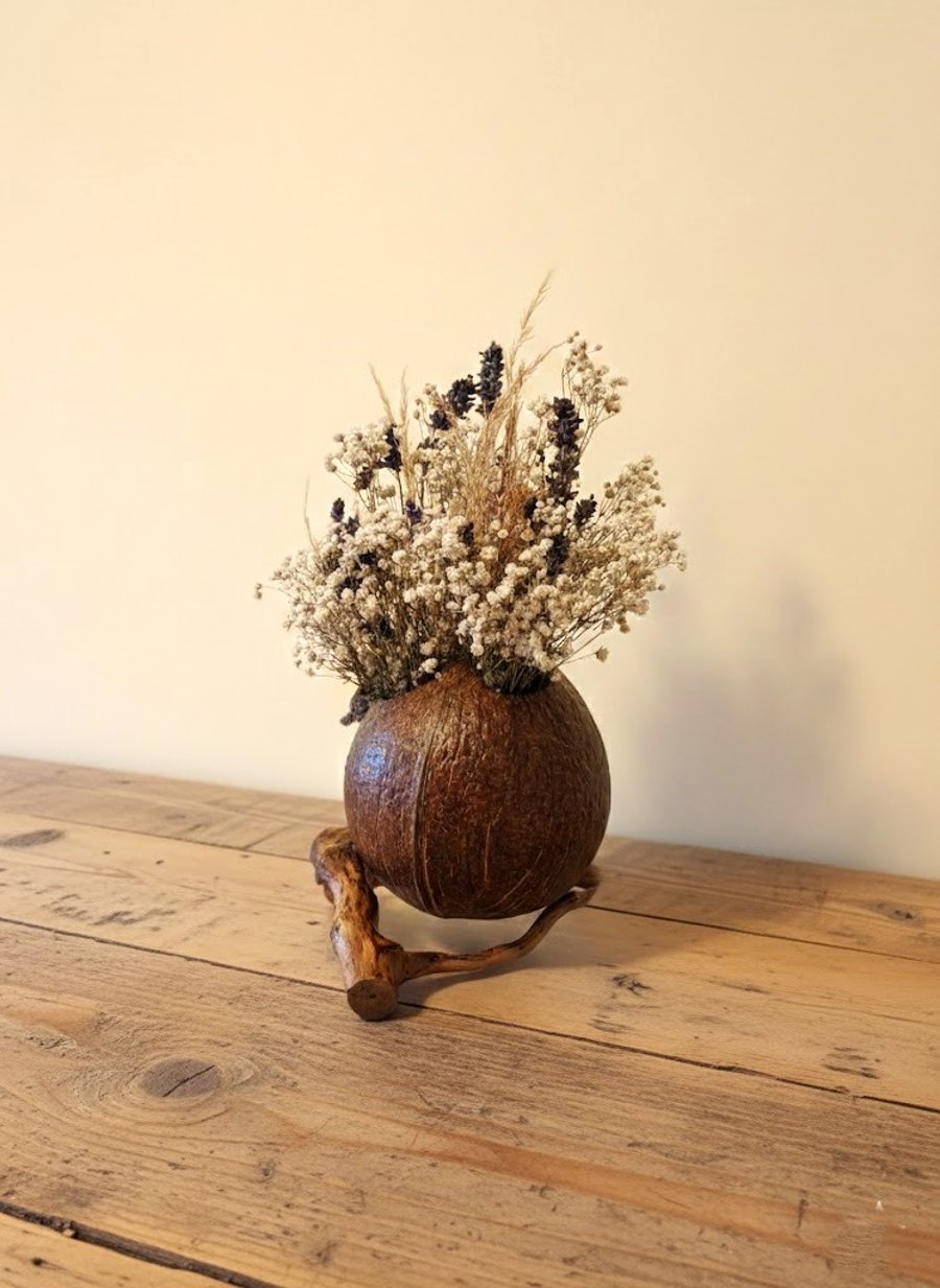 Dried Flower Bouquet with Coconut Shell Vase, Boho Rustic Home Decor