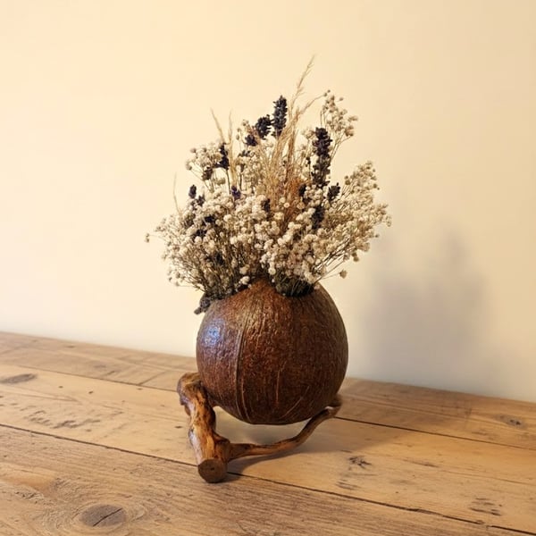 Coconut Vase for Dried Flowers, Artisanal Recycled Husk Flower Holder, Coconut S