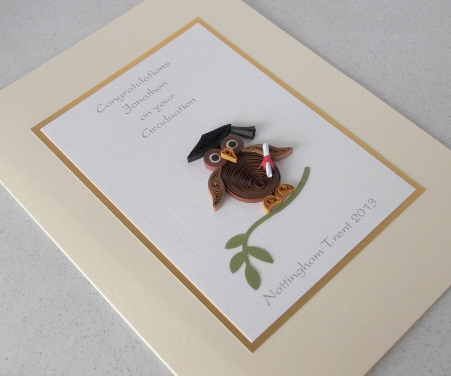Handmade graduation card with quilled wise owl, personalised