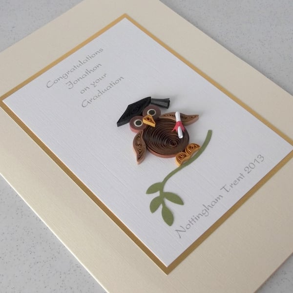 Handmade graduation card with quilled wise owl, personalised