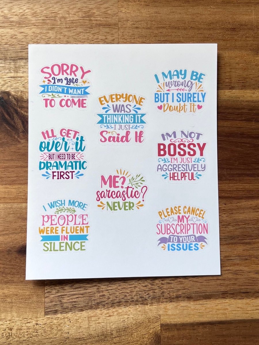 FREE DELIVERY Sheet of 8 Sarcasm Themed Stickers Sticker Pack Sarcastic Stickers