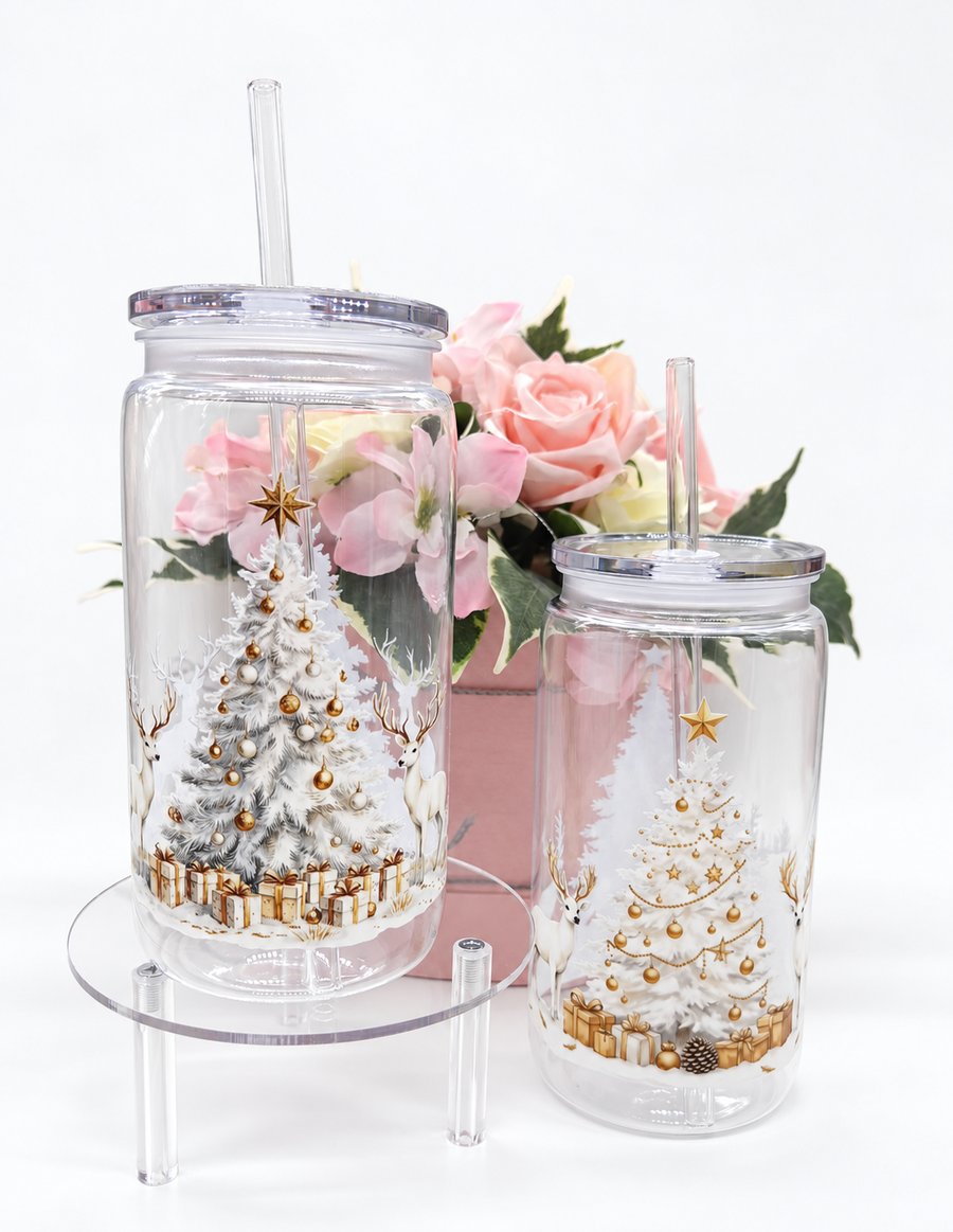 Christmas Tree and Reindeer Libby Tumbler – White and Gold