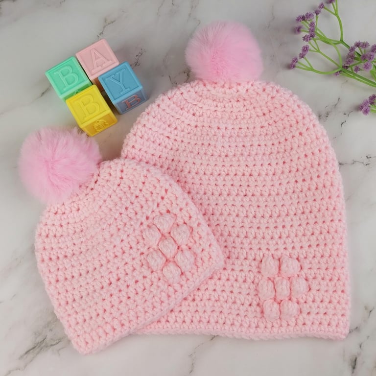 Pink Crochet Mum and Baby Matching Hats, Faux Fur Pom Beanie Set