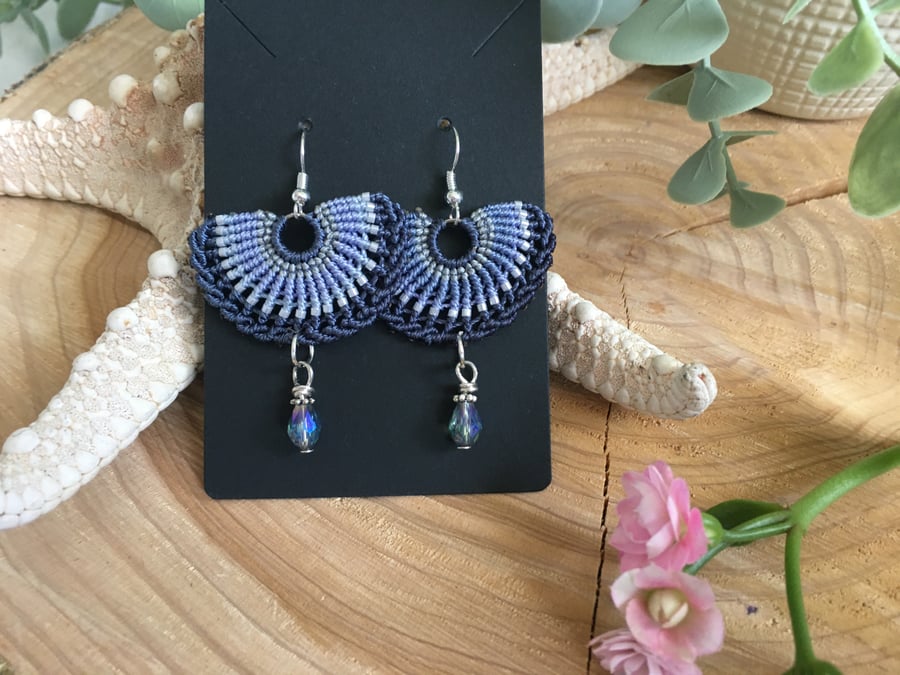 Pretty blue dangle fan shape earrings, macrame accessories gift for her, boho