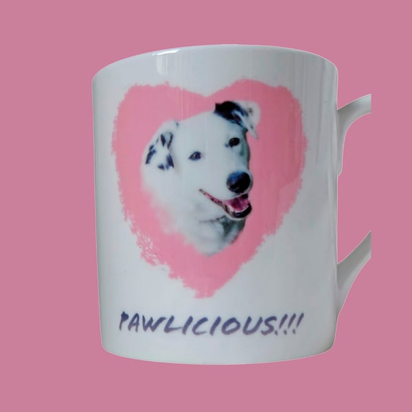 PAWLICIOUS - Bone China Tea Coffee Mug of a Smiley Dog on a Pink Heart